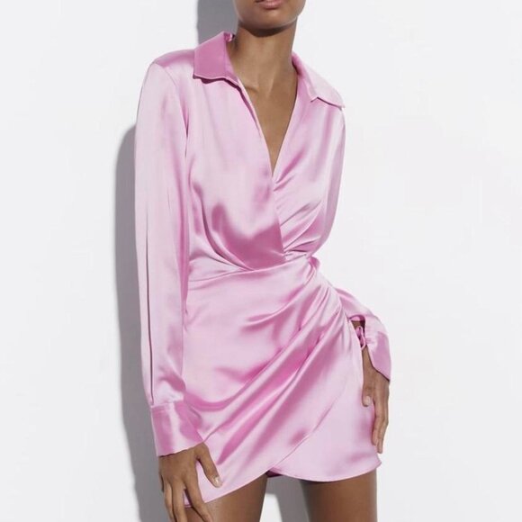 Zara Short Satin Effect Long Sleeve Mini Dress Pink Size Large Blogger Fav - Picture 1 of 11